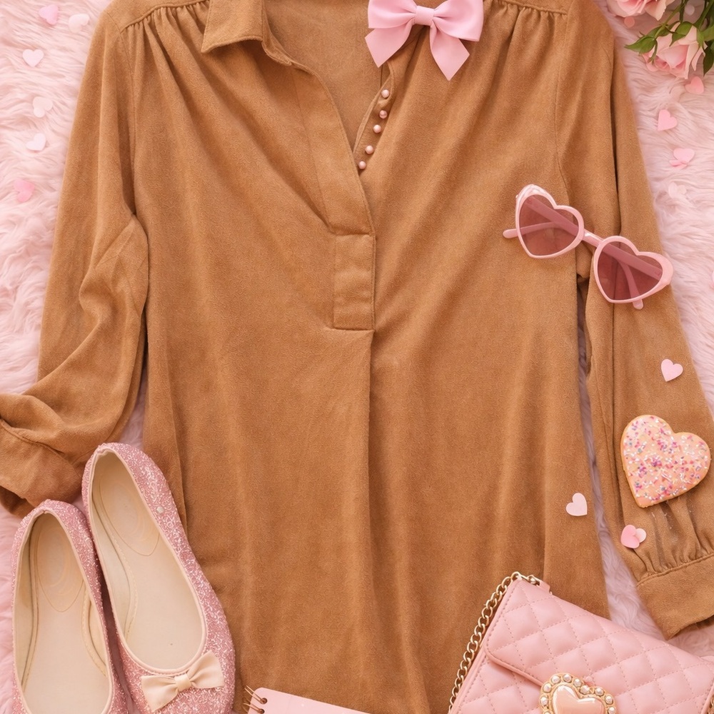 Well Worn Suede-Look Tunic Top in Camel with Pink Accents